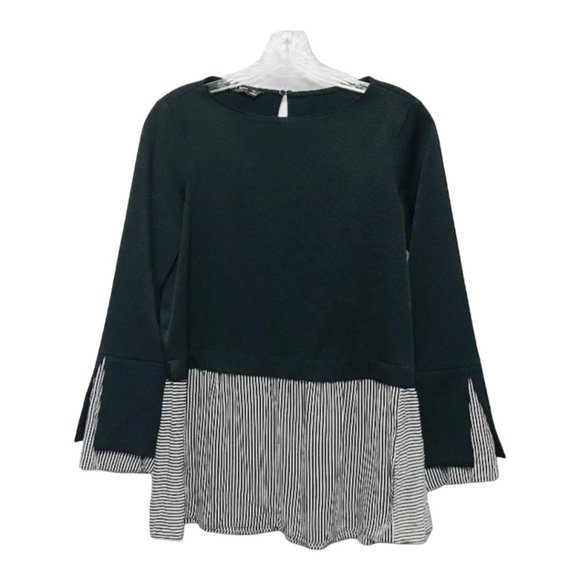 Zara XS Navy Striped Hem Mixed Media Long Sleeve Top - Picture 2 of 7